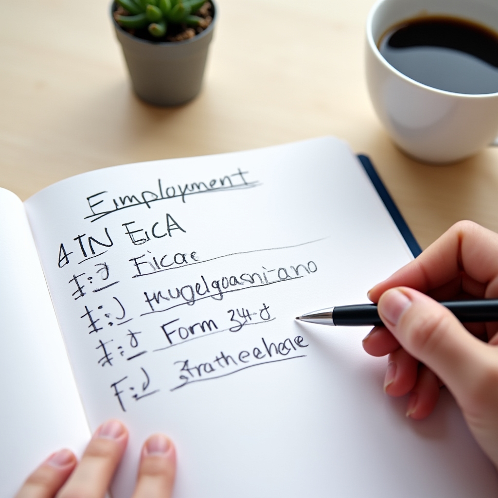 Open notebook with employment terms and definitions written in organized handwriting