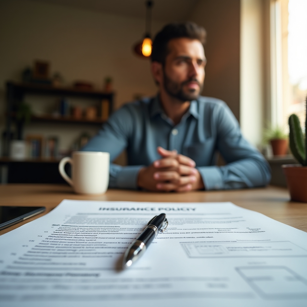Workers compensation insurance policy documents with pen and coffee cup